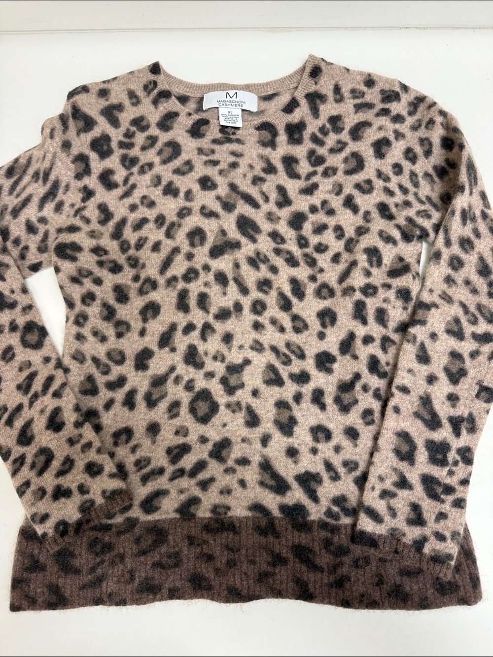 Magaschoni Leopard Print Scoop Neck Sweater in Taupe and Dark Brown